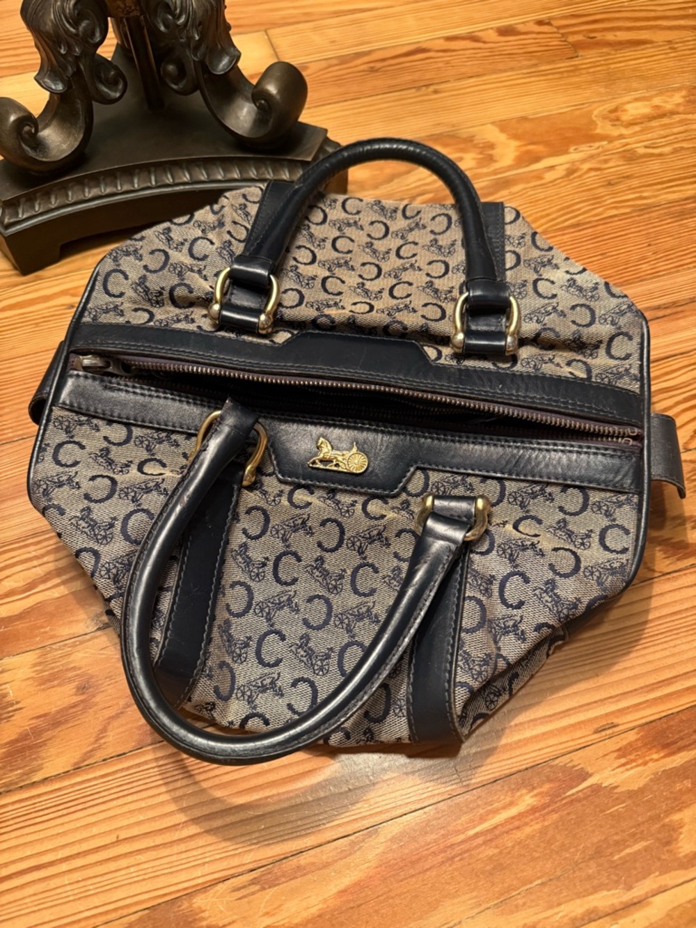 Celine Vintage Navy Leather Trim Monogram Satchel with Navy Blue Leather Lining - Picture 14 of 16